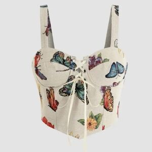 Butterfly Flower Print Lace-Up Corset Top Crop Top - Cream XS